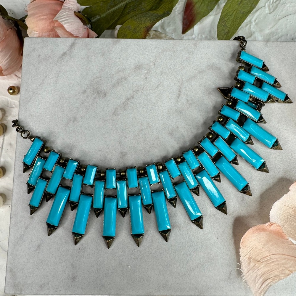 Turquoise Statement Bib Necklace Geometric Spiked Pendant Collar‎